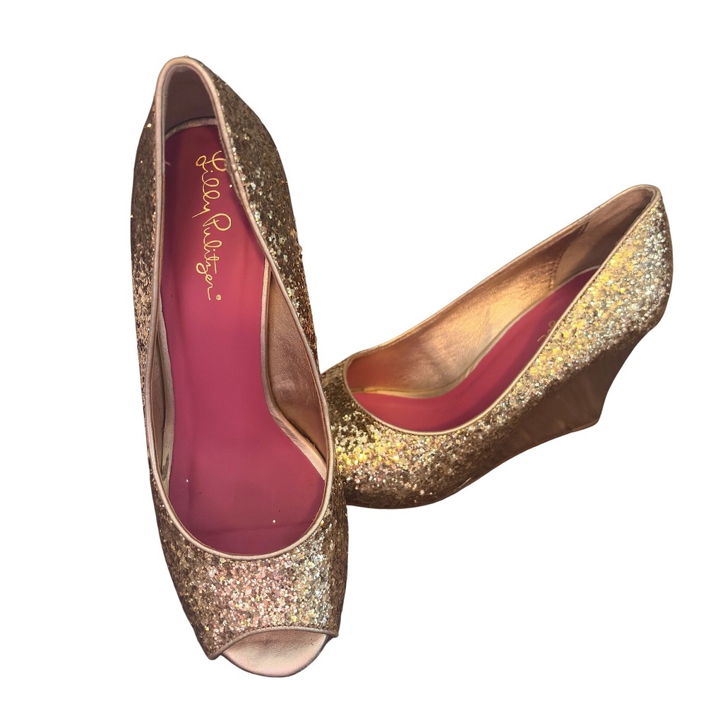 Lilly Pulitzer Gold Glitter Peep Toe Wedge Heels Womens 7 Metallic Sparkle Shoes